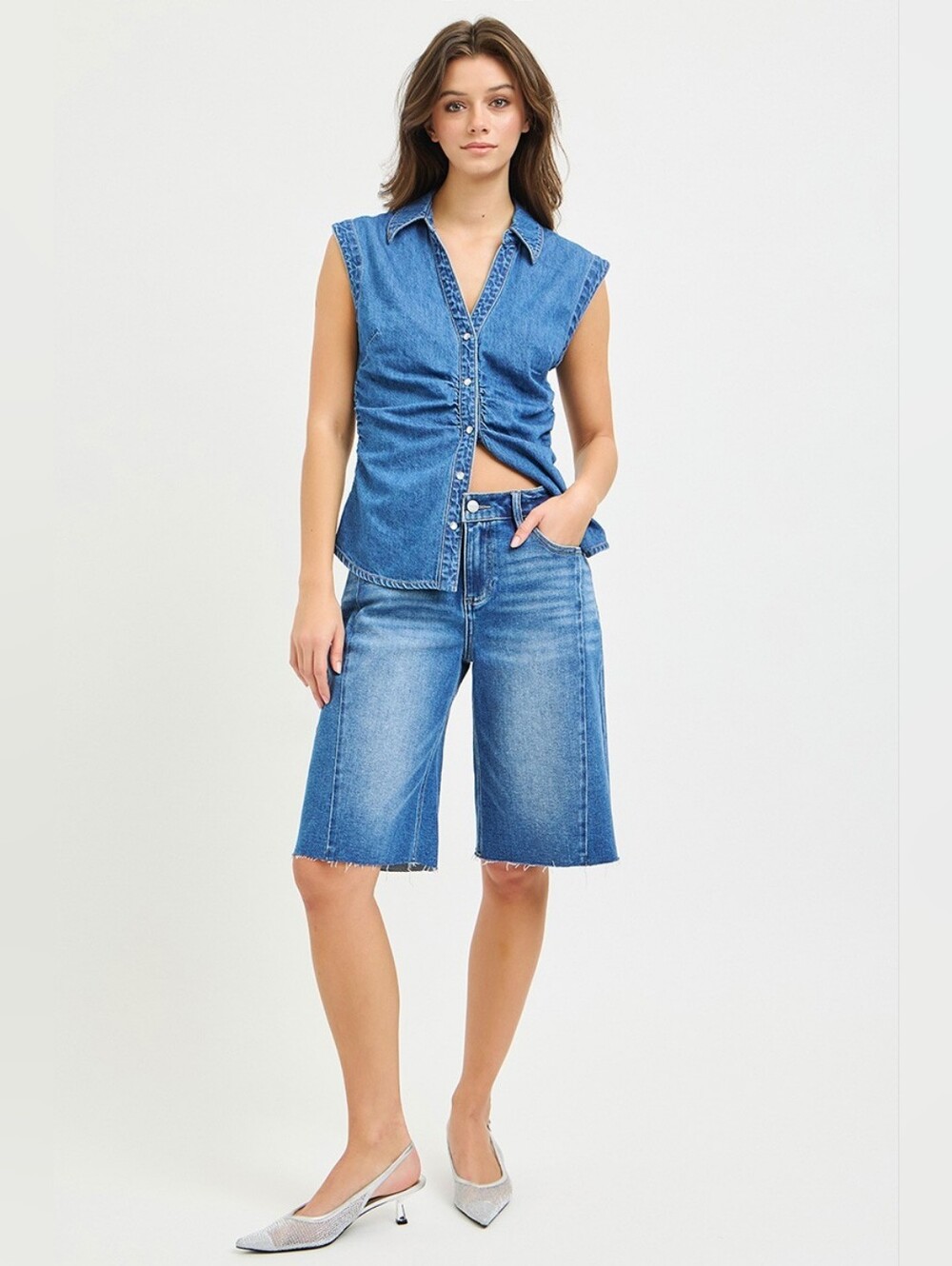 RISEN Medium Wash Slouchy Bermuda Jorts Shorts Seam Relaxed Various NEW